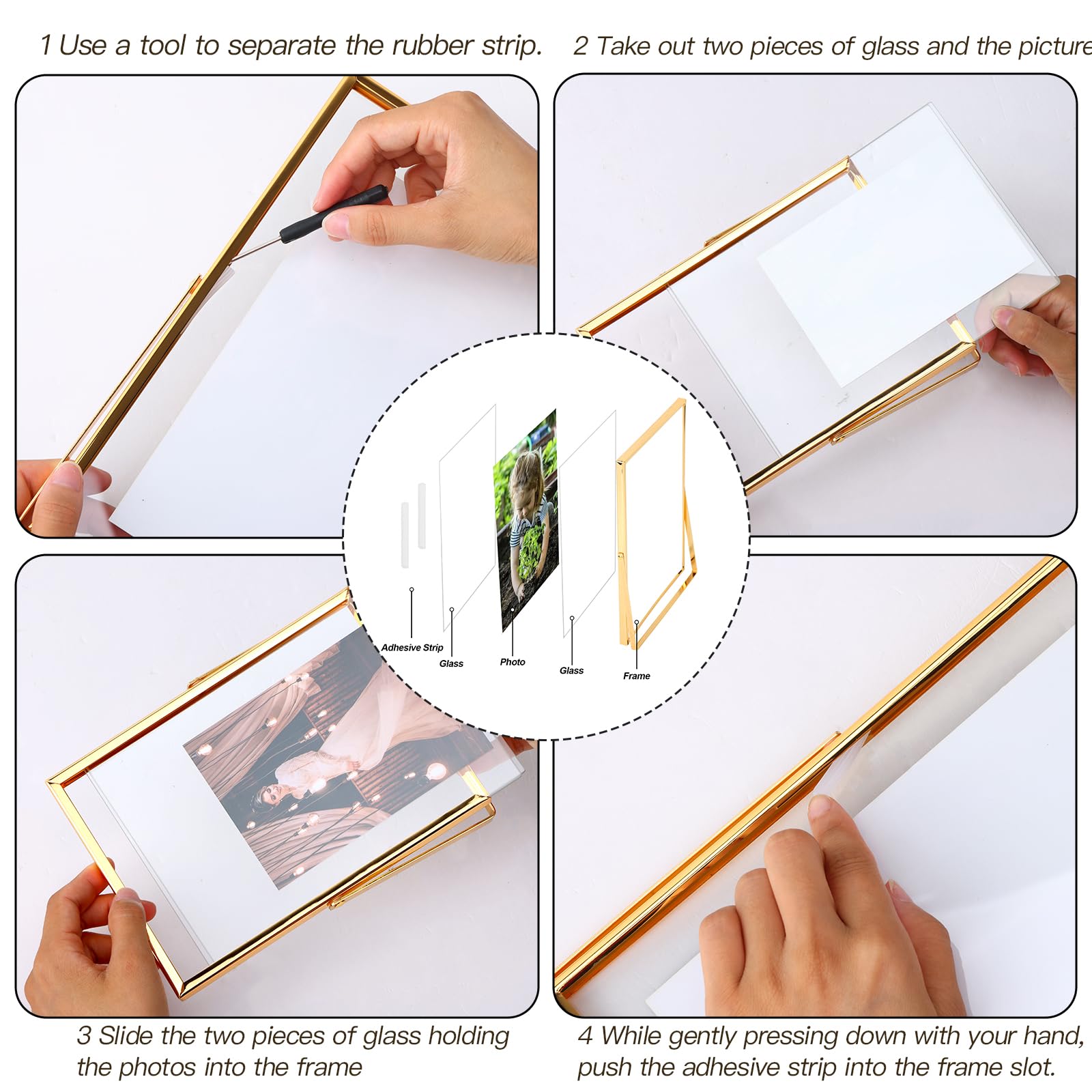 Fixwal Floating Picture Frame Set Of 2, 5 X 7 Tempered Glass Frame For Tabletop Display, Gold Metal Display Frame, For Multi Siz