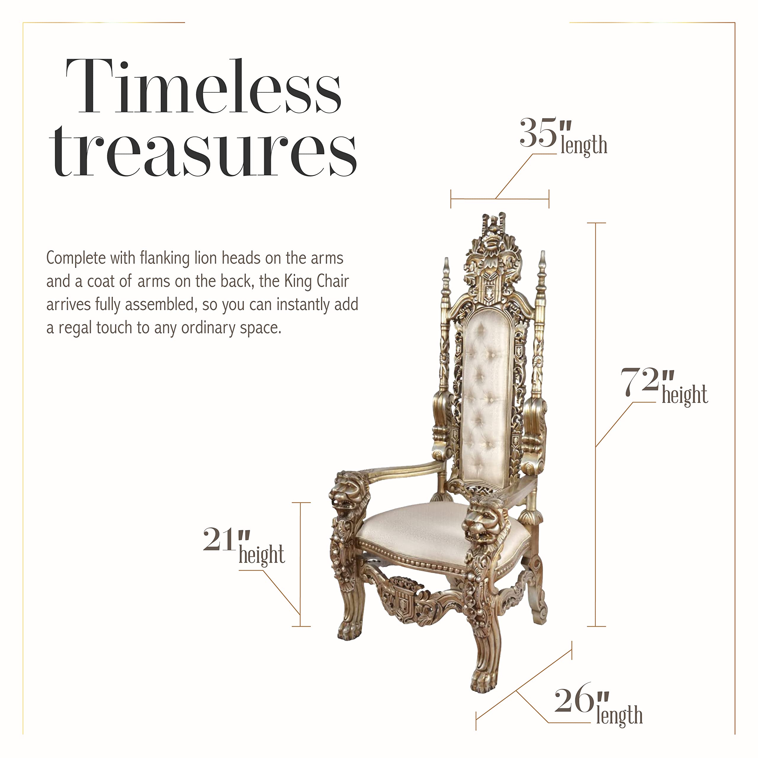 AFD Home King Chair, Accent Chair, Linen-Upholstered Table Chair, Mahogany Hand-Carved Chair, Champagne (Blend of Silver and Gold) Cream Fabric