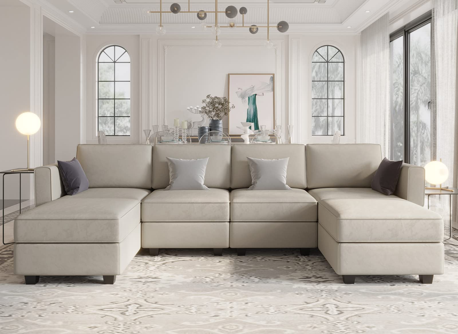 Belffin Modular Sectional Sofa With Reversible Chaises Velvet U Shaped Sectional Couch With Storage Seat Grey