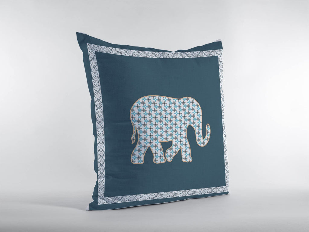HomeRoots White On Muted Blue Broadcloth 20â€ Spruce Blue Elephant Indoor Outdoor Throw Pillow