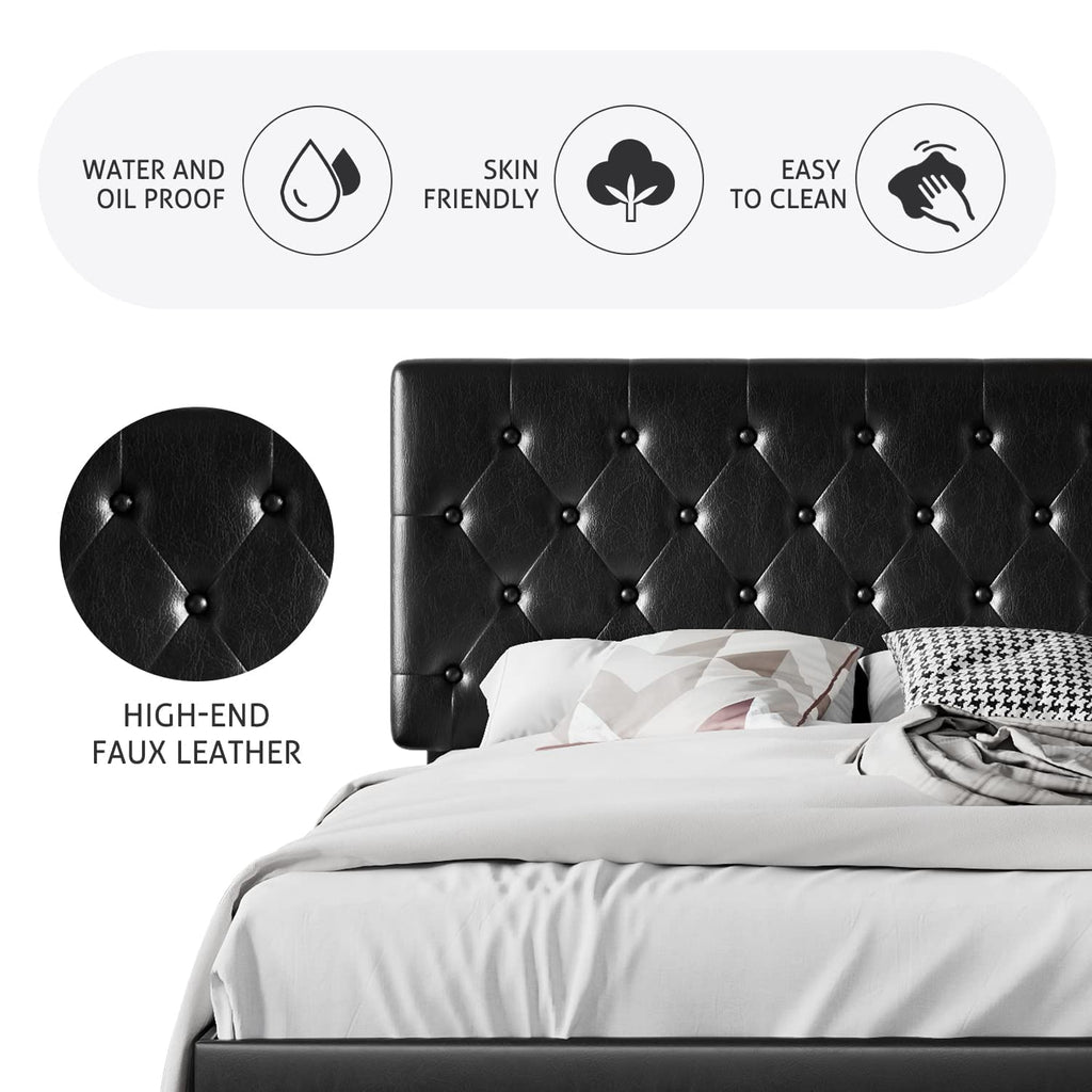 Sha Cerlin King Size Platform Bed Frame With Button Tufted Headboard, Faux Leather Upholstered Mattress Foundation, Wooden Slat Support, No Box Spring Needed, Black