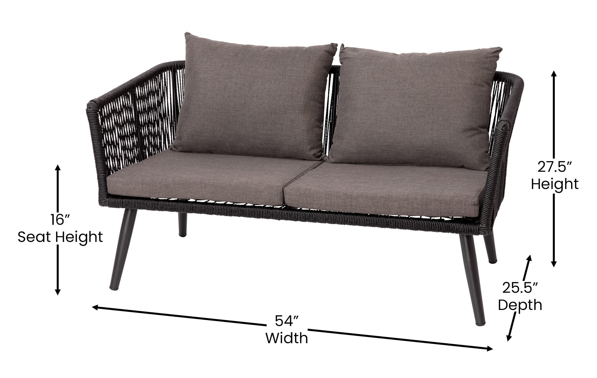 Flash Furniture Kierra 4 Piece Indoor/Outdoor Seating Set - Black Woven Back & Seat - Gray Zippered Removable Cushions - Aluminum Frames - Black Metal Plank Top Table