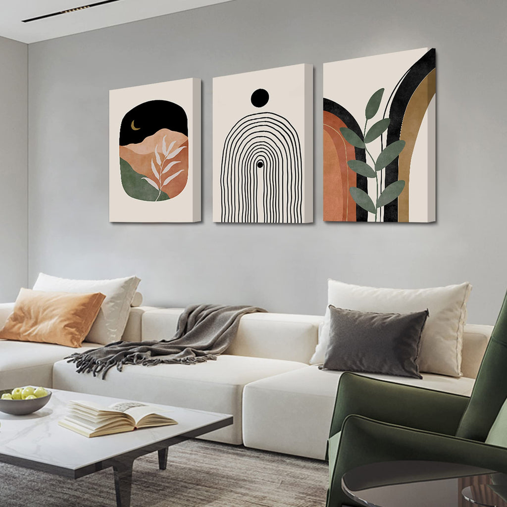 Boho Wall Art Prints Set Of 3, Boho Wall Decor, Mid Century Modern Prints Sun Moon Leaf Mountain Canvas Wall Painting, Neutral A