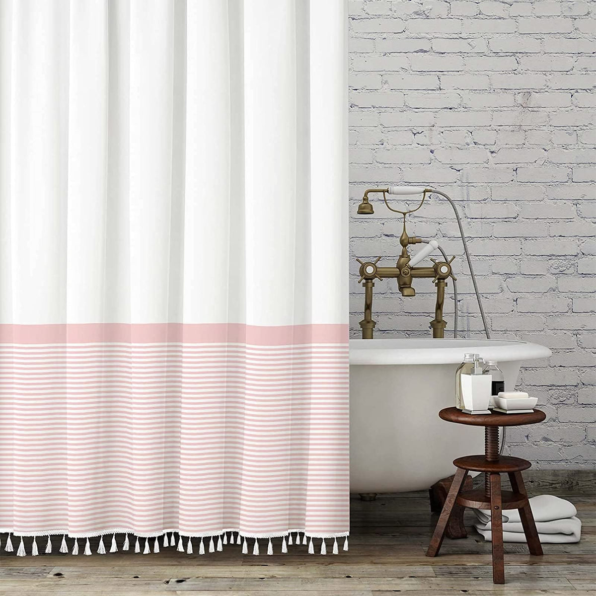 Seasonwood Shower Curtain Extra Long 96-Inch Xl Shower Curtain White And Pink Striped Shower Curtain In Bathroom,Farmhouse Tasse