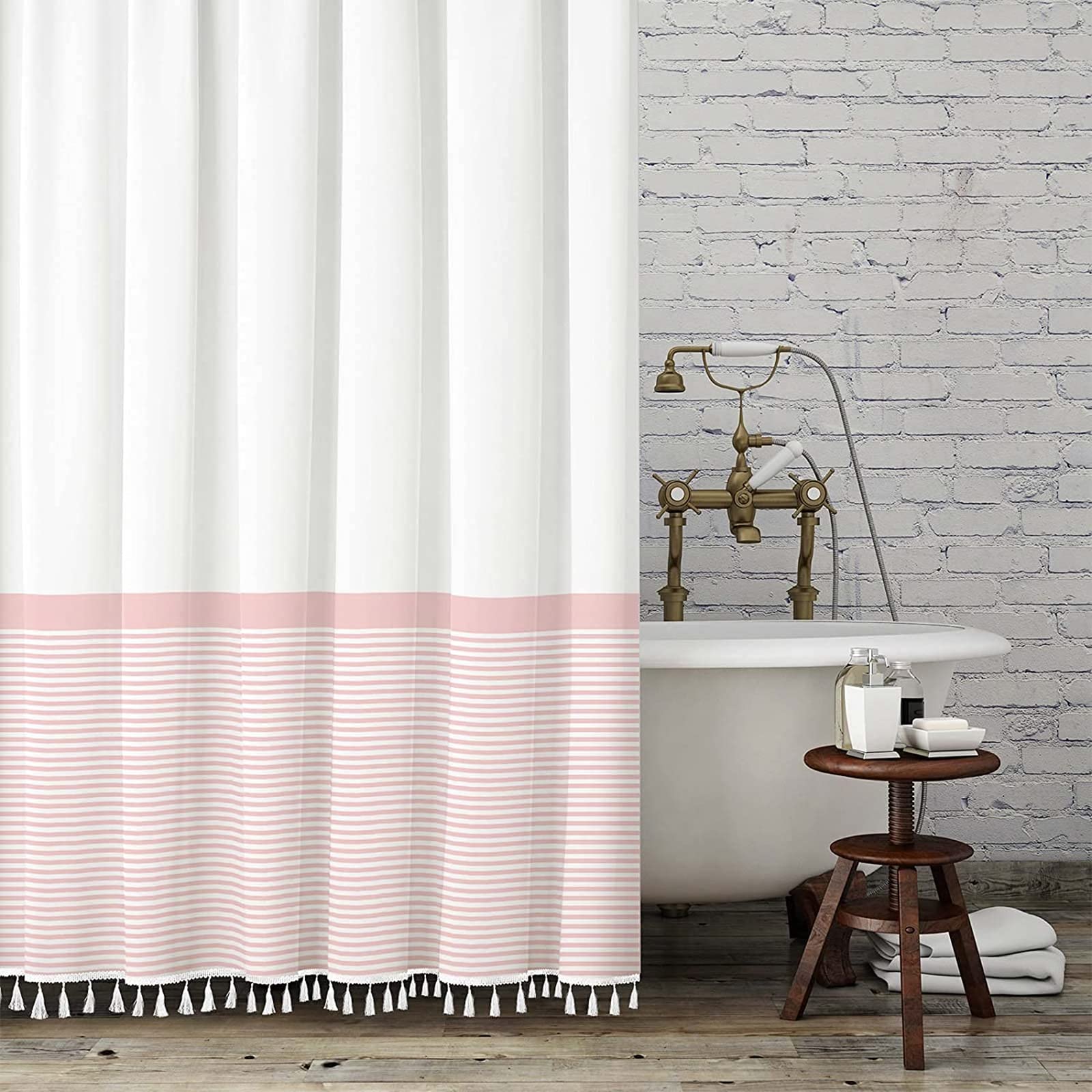 Seasonwood Shower Curtain Extra Long 96-Inch Xl Shower Curtain White And Pink Striped Shower Curtain In Bathroom,Farmhouse Tasse