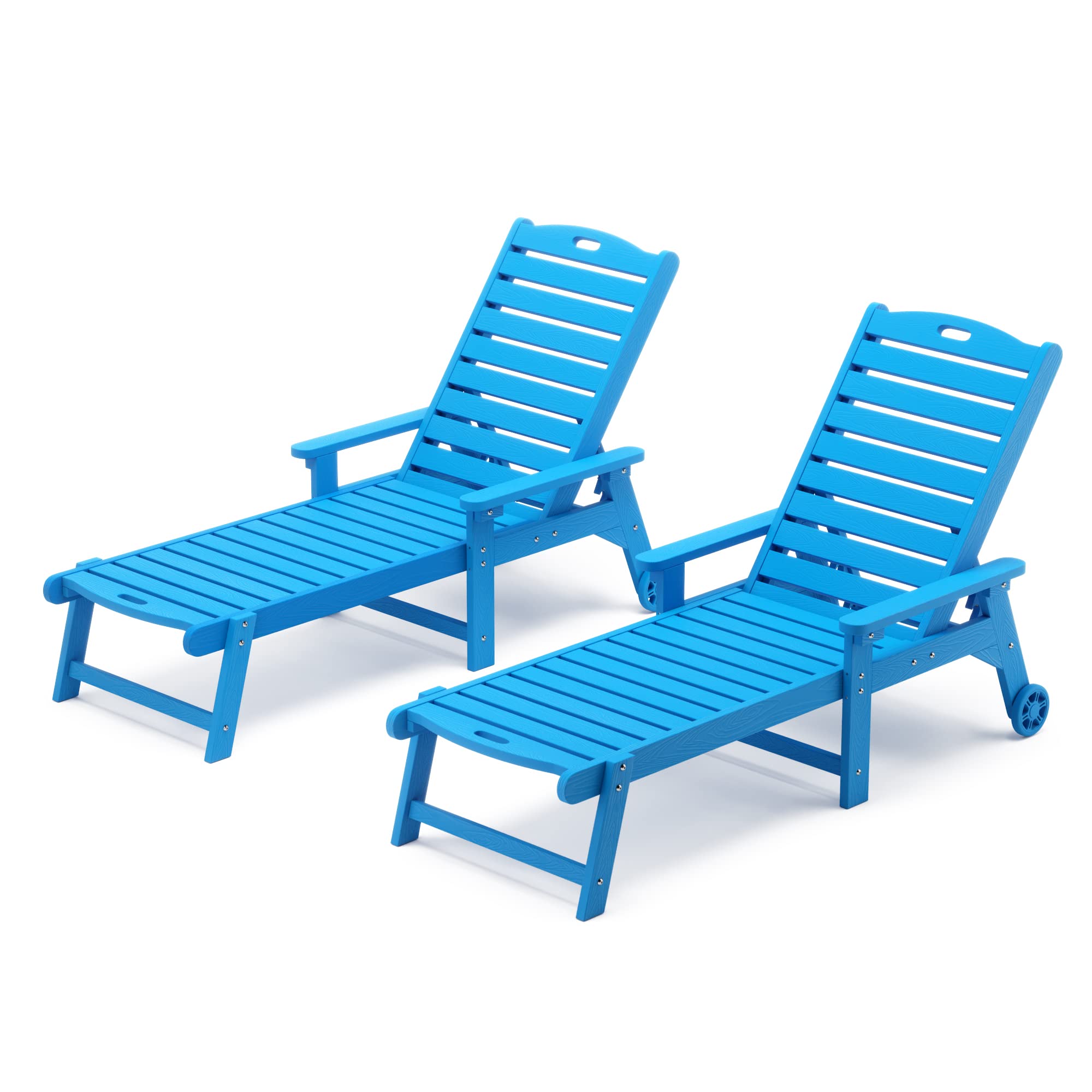 Lue Bona Outdoor Chaise Lounge Chairs Set Of 2, Hdps Material, 3-Year Warranty, Patio Lounge Chair With Adjustable Backrest, Resin Pool Lounge Chairs With Wheels For Outside, Poolside, Beach, Blue