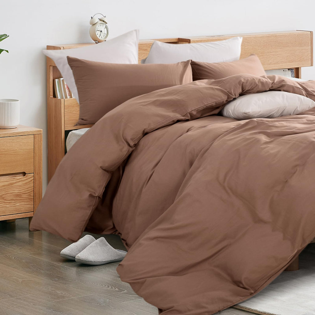 Nexhome Pro Duvet Cover Set 100% Washed Cotton Full Size Linen Feel Textured Organic Natural 3 Pieces Bedding Set Mocha Brown With Zipper Closure And Corner Ties, Breathable (No Comforter)