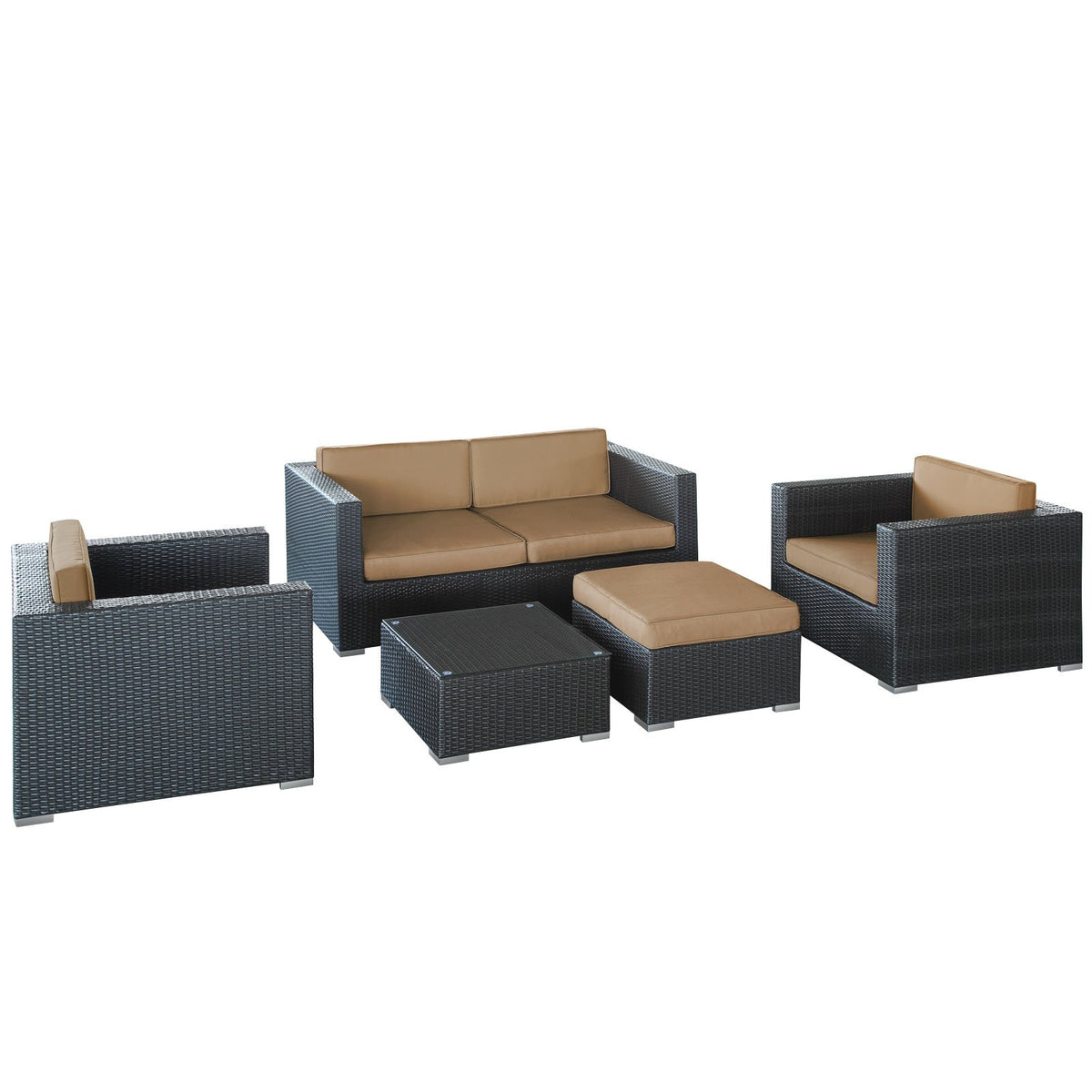 Modway© EEI-607-EXP-MOC-SET Malibu Outdoor Wicker Patio 5 Piece Sofa Set in Espresso with Mocha Cushions, 57&quot; Lx129 Wx26 H