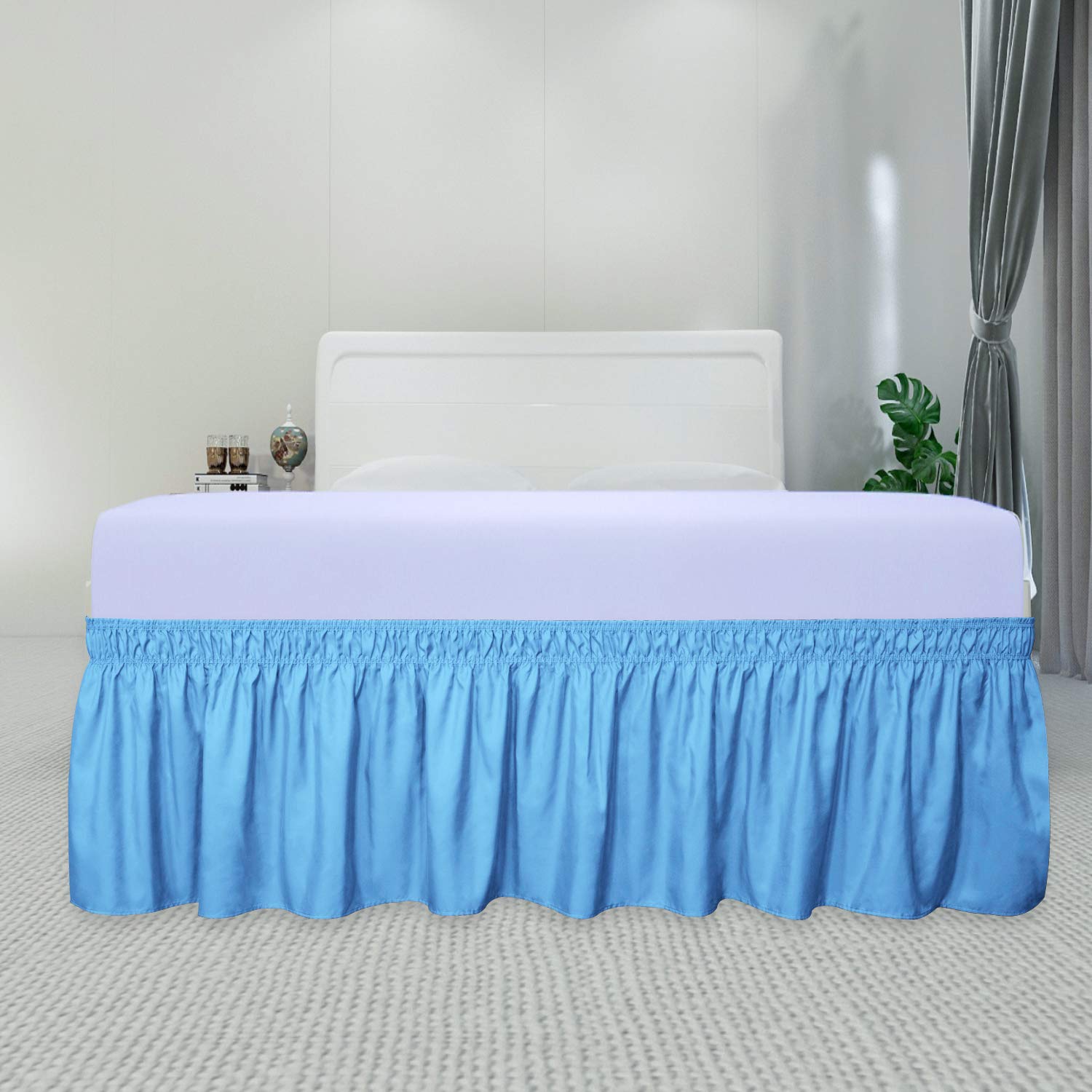 Purefit Wrap Around Ruffled Bed Skirt With Adjustable Elastic Belt - 22 Inch Drop Easy To Put On, Wrinkle Free Bedskirt Dust Ruffles, Bed Frame Cover For Twin,Twin Xl And Full Size Beds, Light Blue
