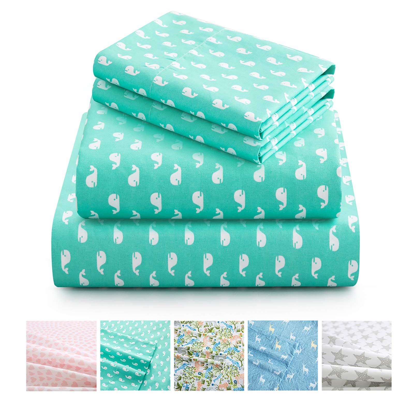 Vonty Kids Bed Sheets Full Green Baby Whales Printed Sheets For Boys & Girls, Soft Lightweight Microfiber Easy Wash Bedding Set