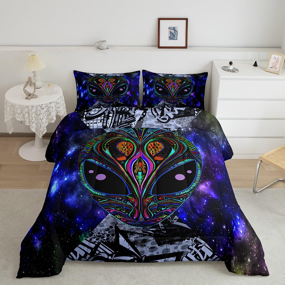 Feelyou Alien Printed Comforter Kids Galaxy Outer Space Themed Bedding Set Boys Girls Trippy Alien Hippie Skull Decor Comforter
