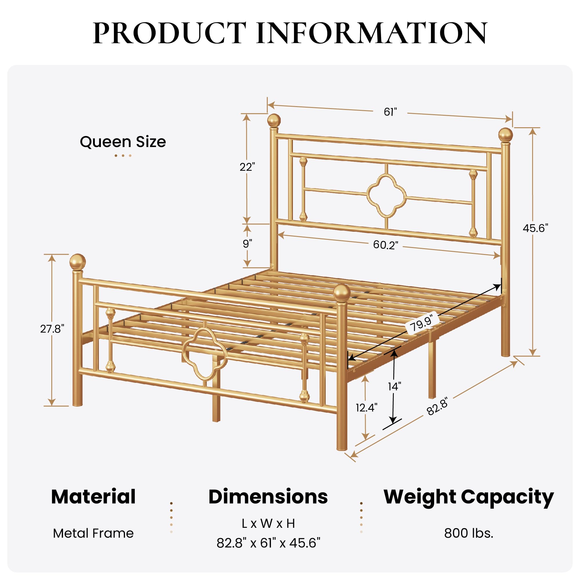 Sha Cerlin 14 Inches Queen Size Metal Platform Bed Frame/Vintage Iron-Art Headboard And Footboard/Mattress Foundation For Storage/No Box Spring Needed/Noise-Free/Easy Assembly/Gold