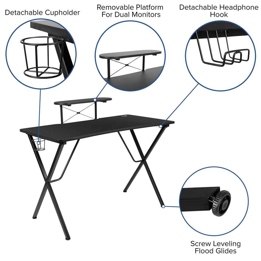 Flash Furniture Optis Black Gaming Desk With Cup Holder/Headphone Hook/Monitor Stand & Black Reclining Back/Arms Gaming Chair With Footrest