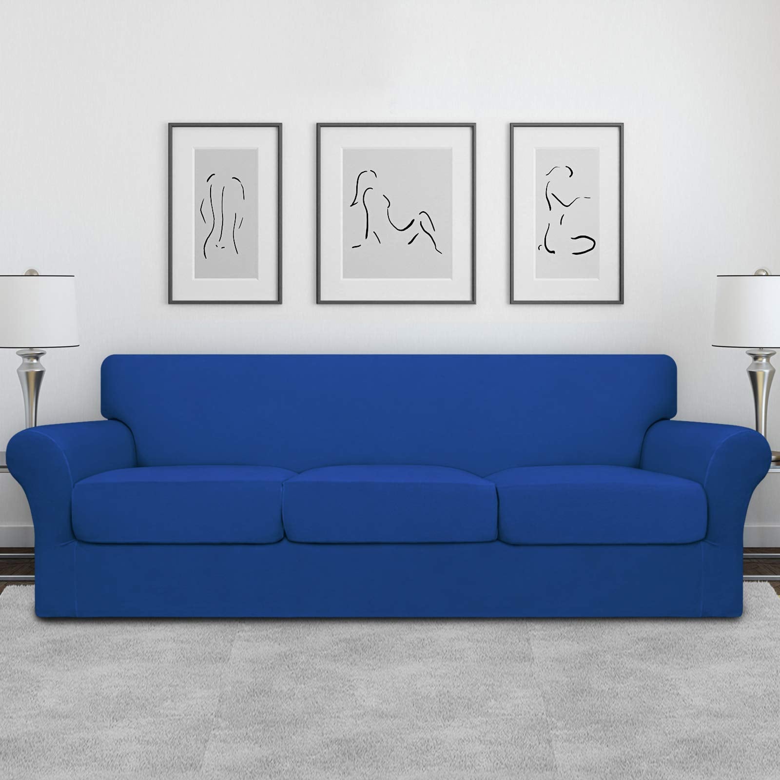 Easy-Going 4 Pieces Oversized Stretch Soft Couch Cover For Dogs - Washable Sofa Slipcover For 3 Separate Cushion Couch - Elastic Furniture Protector For Pets, Kids Classic Blue