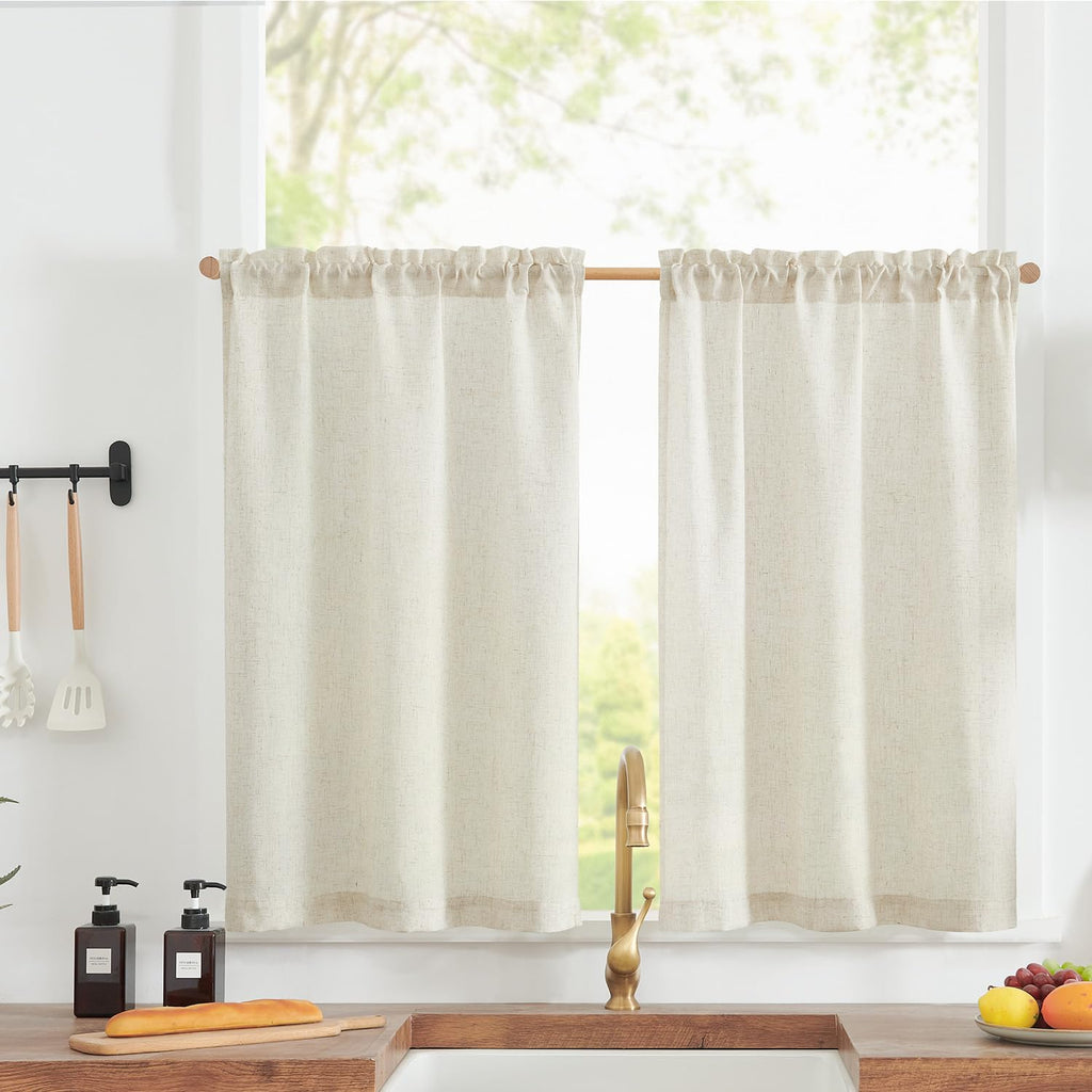Jinchan Linen Textured Tier Curtains 36 Inch For Kitchen Windows Country Farmhouse Cafe Small Curtains Rustic Light Filtering Half Curtains For Living Room Laundry Bathroom Rod Pocket 2 Panels Crude