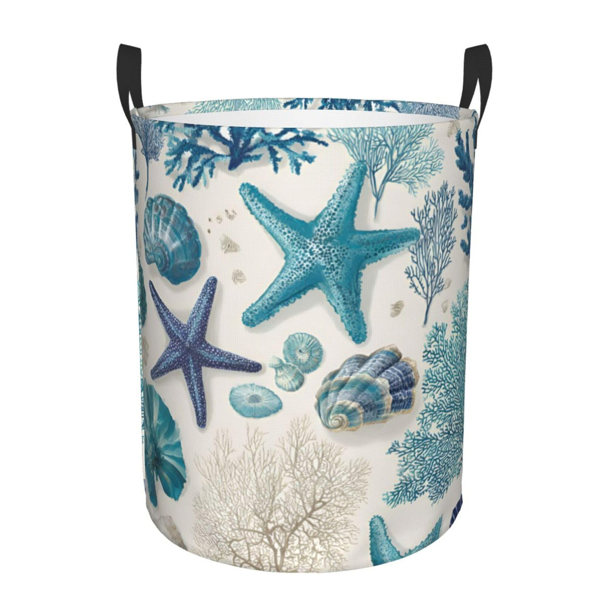 Coastal Ocean Theme with Starfish Design Laundry Hamper, White Blue, Oxford Cloth Storage Basket, Large 19.6x15.7 Inch
