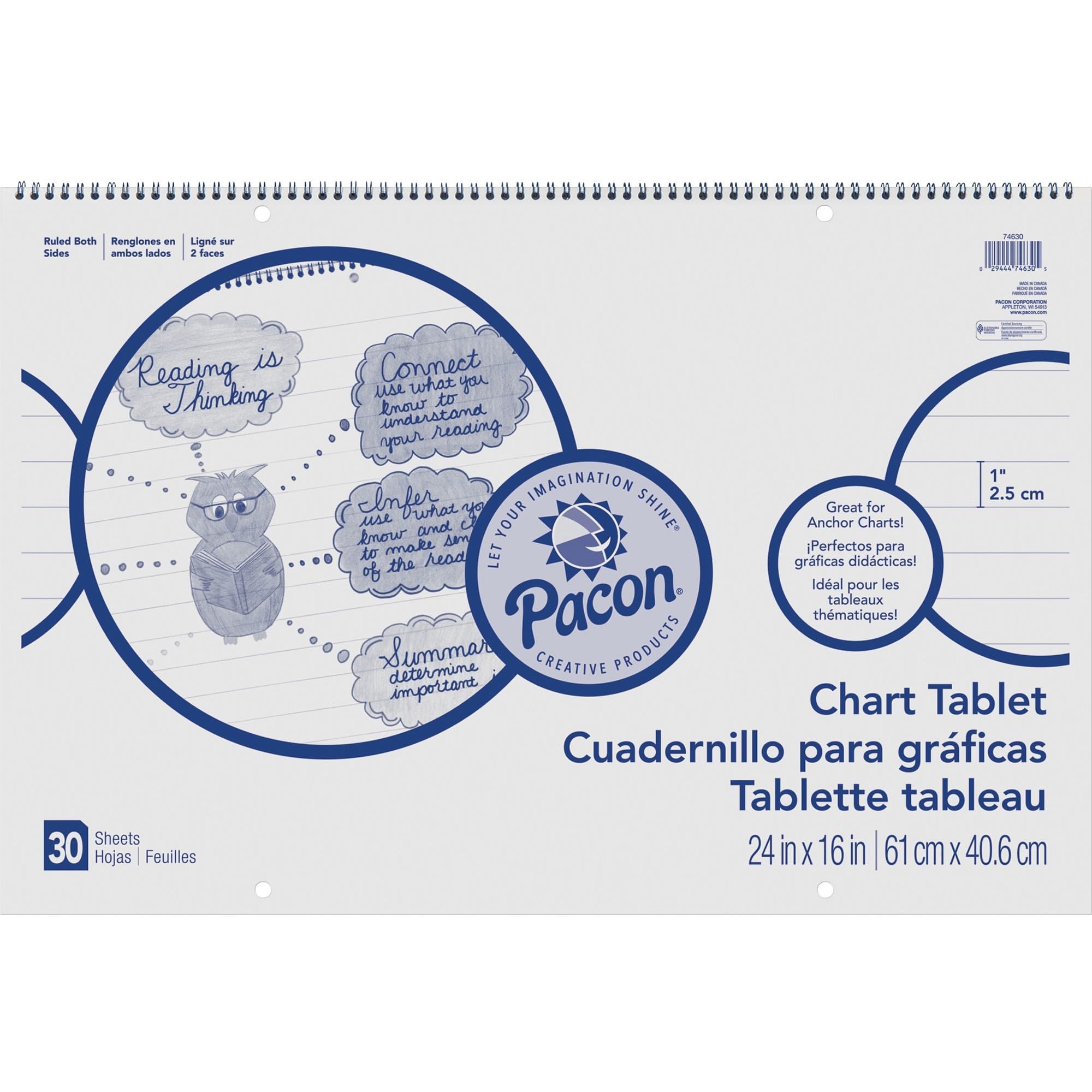 Pacon Ruled Chart Tablet - 30 Sheets - Spiral Bound - Ruled - 1' Ruled - 24' X 16' - White Paper - Stiff Cover - Sturdy Back,
