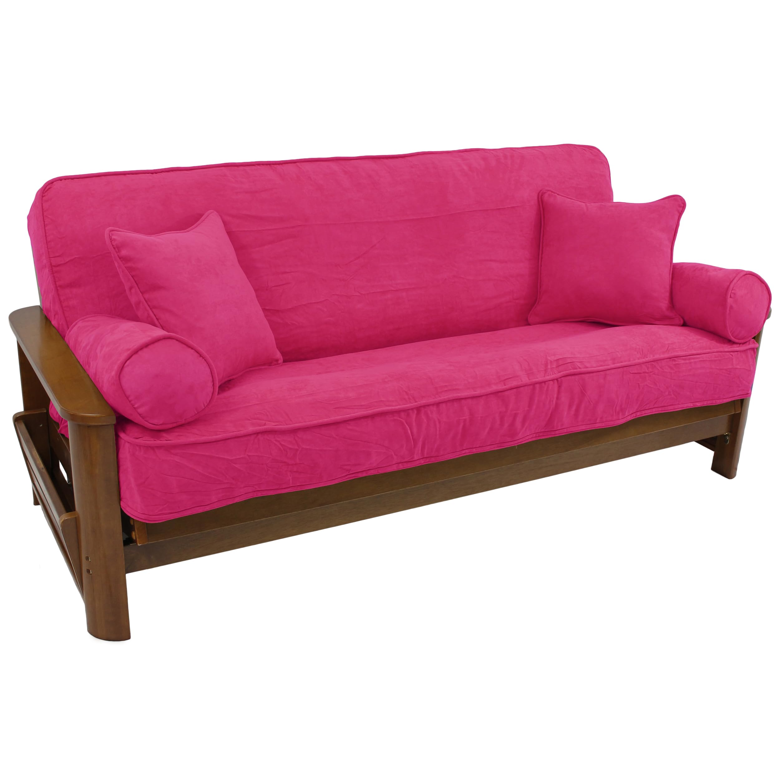 Blazing Needles Solid Microsuede Double Corded 8&quot; to 9&quot; Futon Cover Set with 4 Throw Pillows (Set of 5), Full, Berry Berry