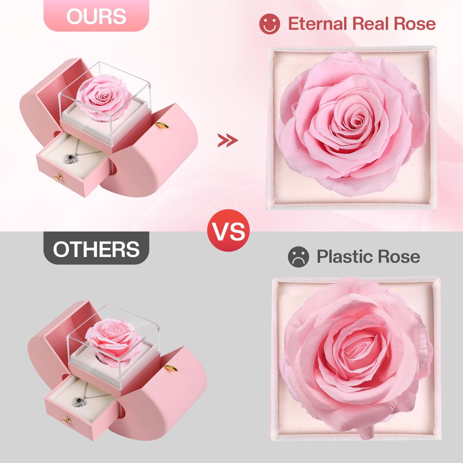 Moshen Preserved Pink Rose with I Love You Necklace - Gifts for Girlfriend, Mom, Wife for Valentine's Day, Birthday, Anniversary