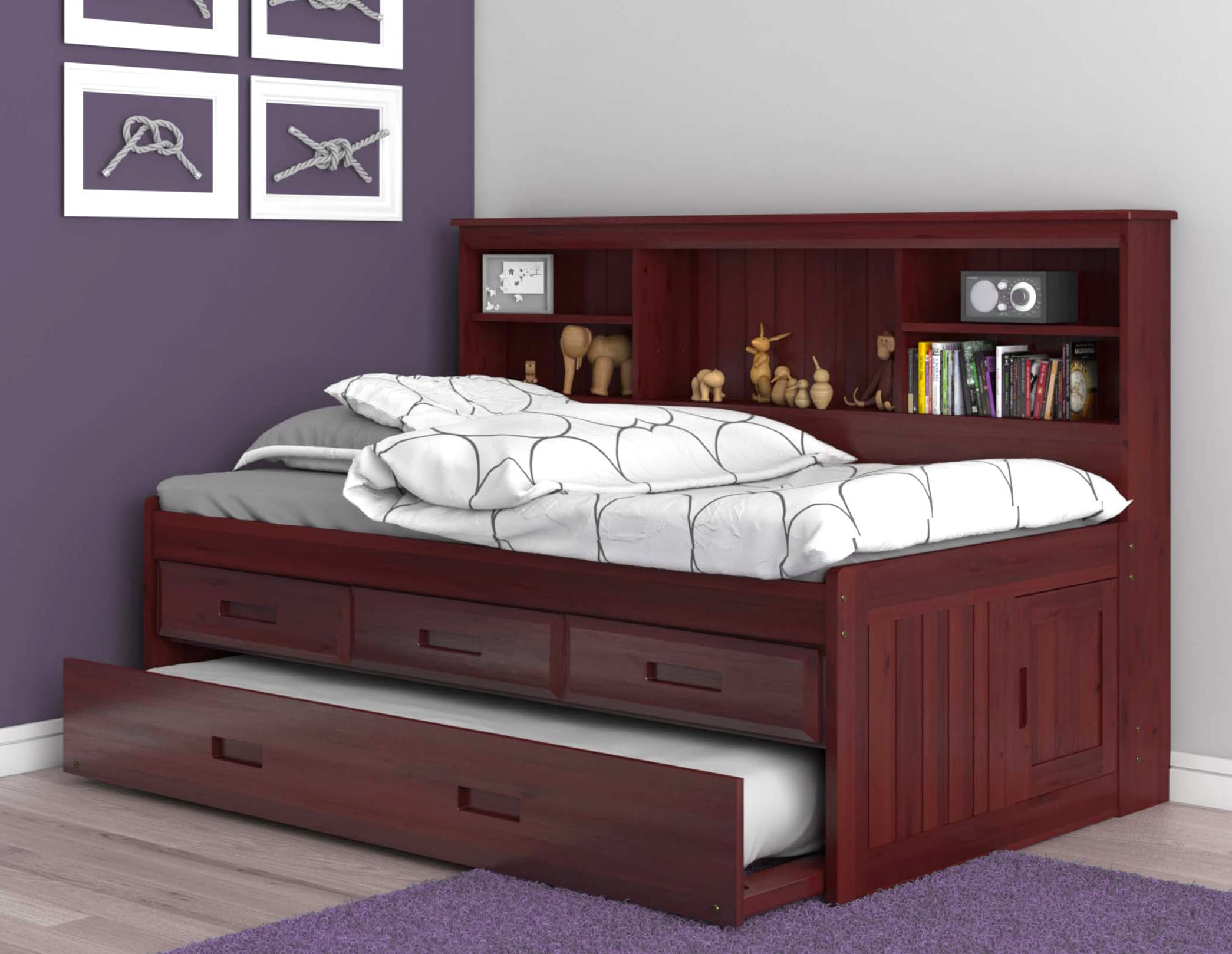 OS Home and Office Furniture Model 82822K3-22, Solid Pine Twin Daybed with 3 Sturdy Drawers and a Twin Sized Trundle in Rich Merlot