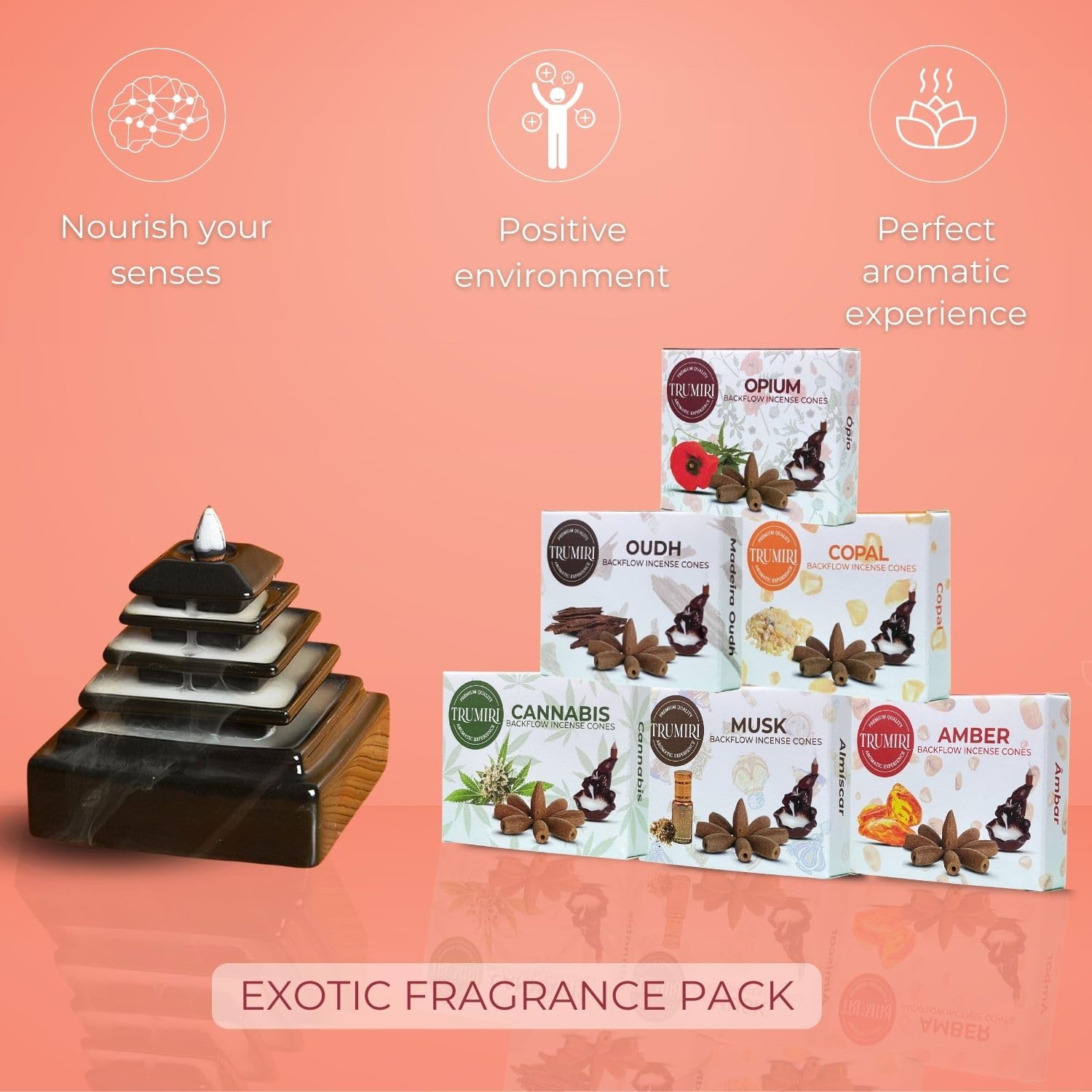 Exotic - Backflow Incense Cones For Waterfall - Scented Inscents-Cones - Copal, Amber, Musk, Oud - Insiensos Aromaticos - 6X10=6