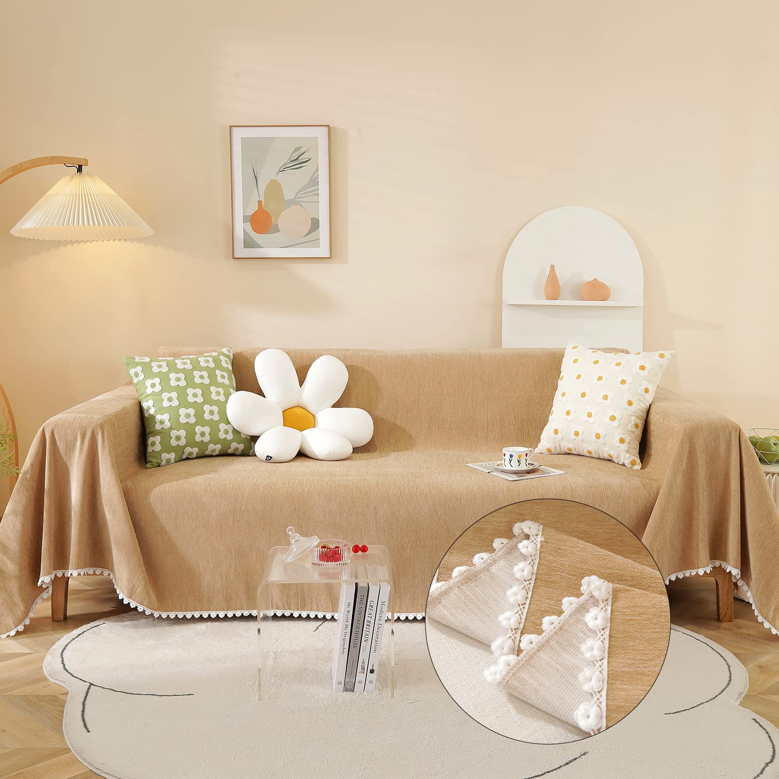 Handontime Khaki Loveseat Covers Couch Cover For Dogs Cats Solid Sofa Covers For 3 Cushion Couch Machine Washable Couch Covers For Sectional Sofa L Shape Chenille Sofa Slipcover Soft, 71' X134'