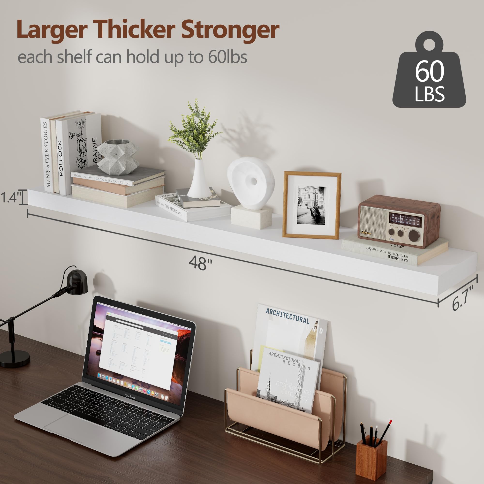 White Floating Shelves 48 Inch Set Of 2, Solid Wood Wall Mounted Shelves 48 Inches Long, Modern Floating Shelves For Bedroom Living Room Bathroom - White