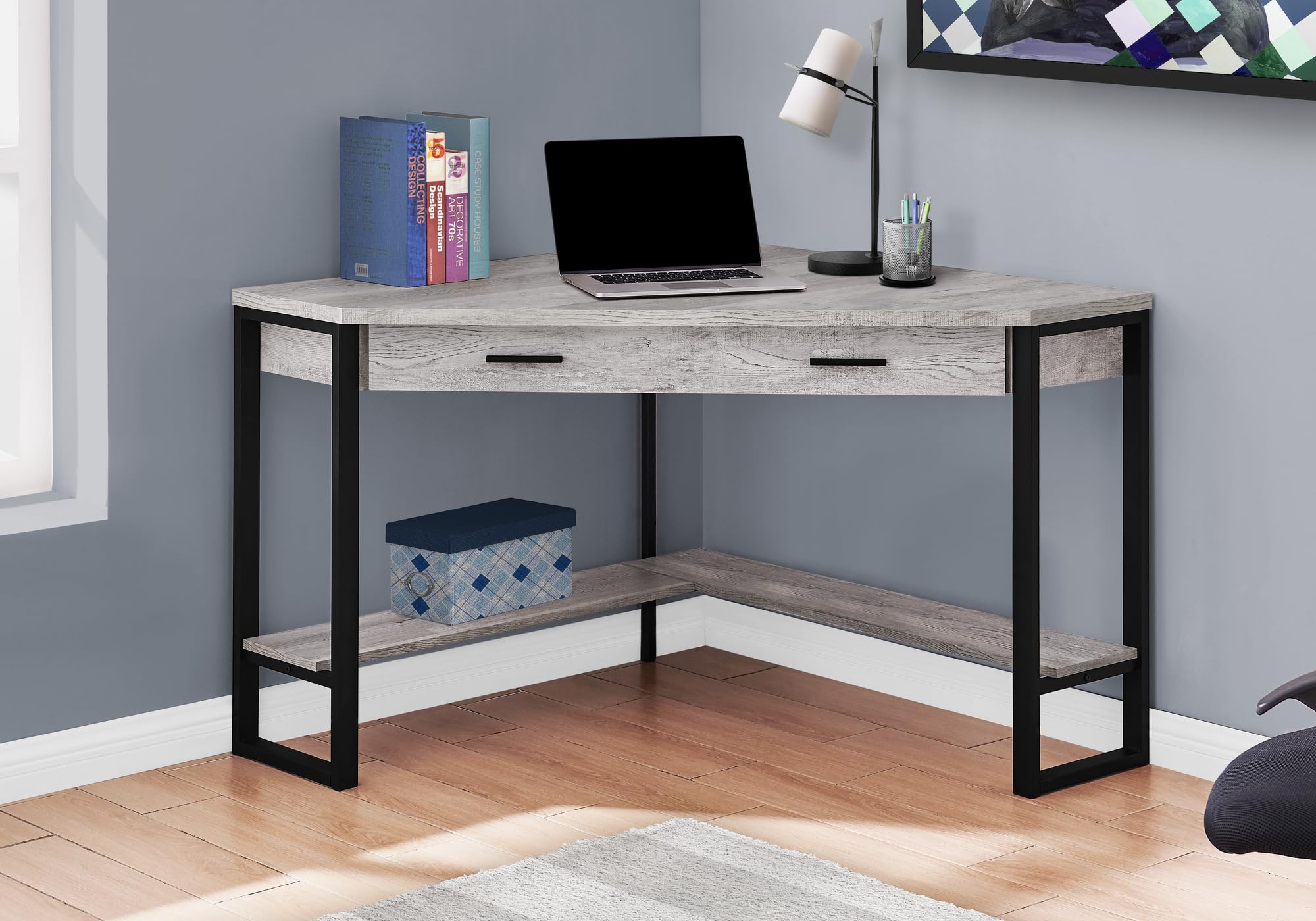 Monarch Specialties Corner Desk with Storage and Shelf Laptop PC Study Table-Workstation for Home Office, 42' L, Grey Reclaimed Wood Look