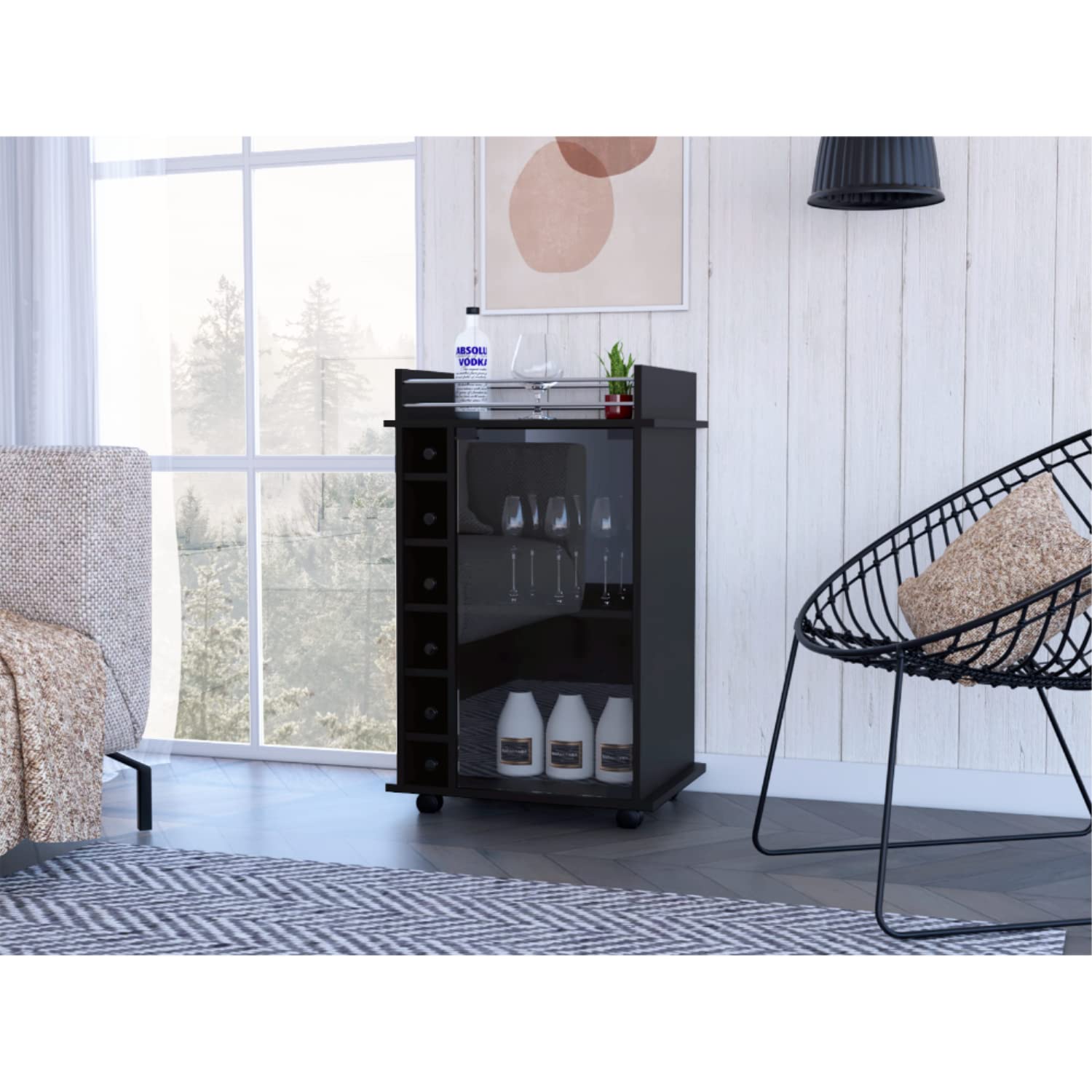 Huali Bar Cart, Glass Door, 4 Casters, 2 Shelves, Black