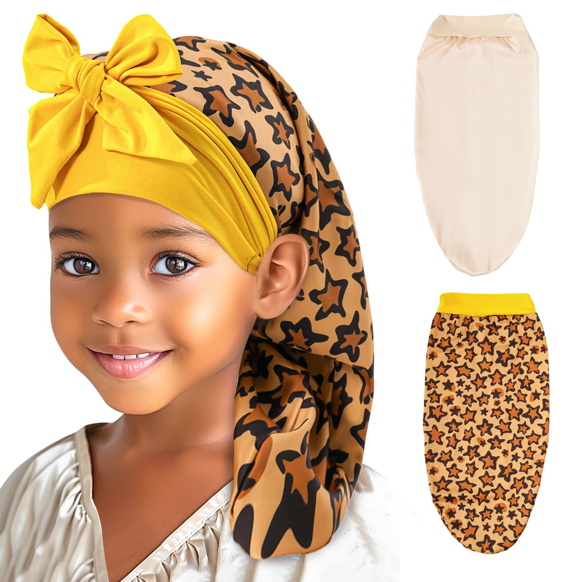 Lolalet Kids Bonnets for Girls, Long Silk Bonnet for Sleeping Kids Satin Bonnet Cap with Tie Band for Dreadlocks Braid Afro Curl