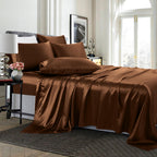 Treely 6 Piece Satin Sheets Queen Size Silky Smooth Brown Satin Sheet Set With Deep Pocket, Satin Fitted Sheet, Flat Sheet, 4 Sa