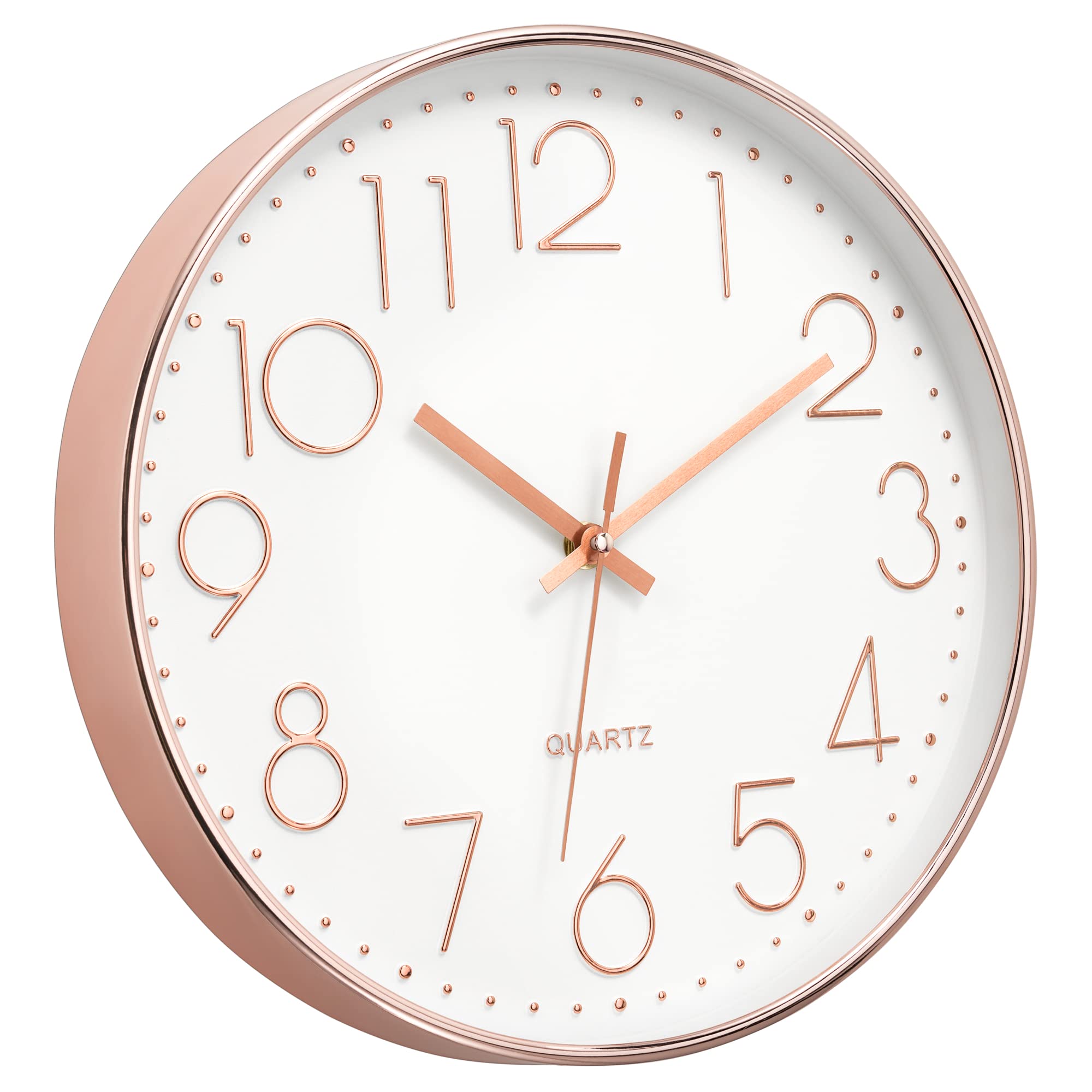 Foxtop Modern Wall Clock 12 Inch Non-Ticking Silent Battery Operated Round Quartz Rose Gold Wall Clock for Office Bedroom Living