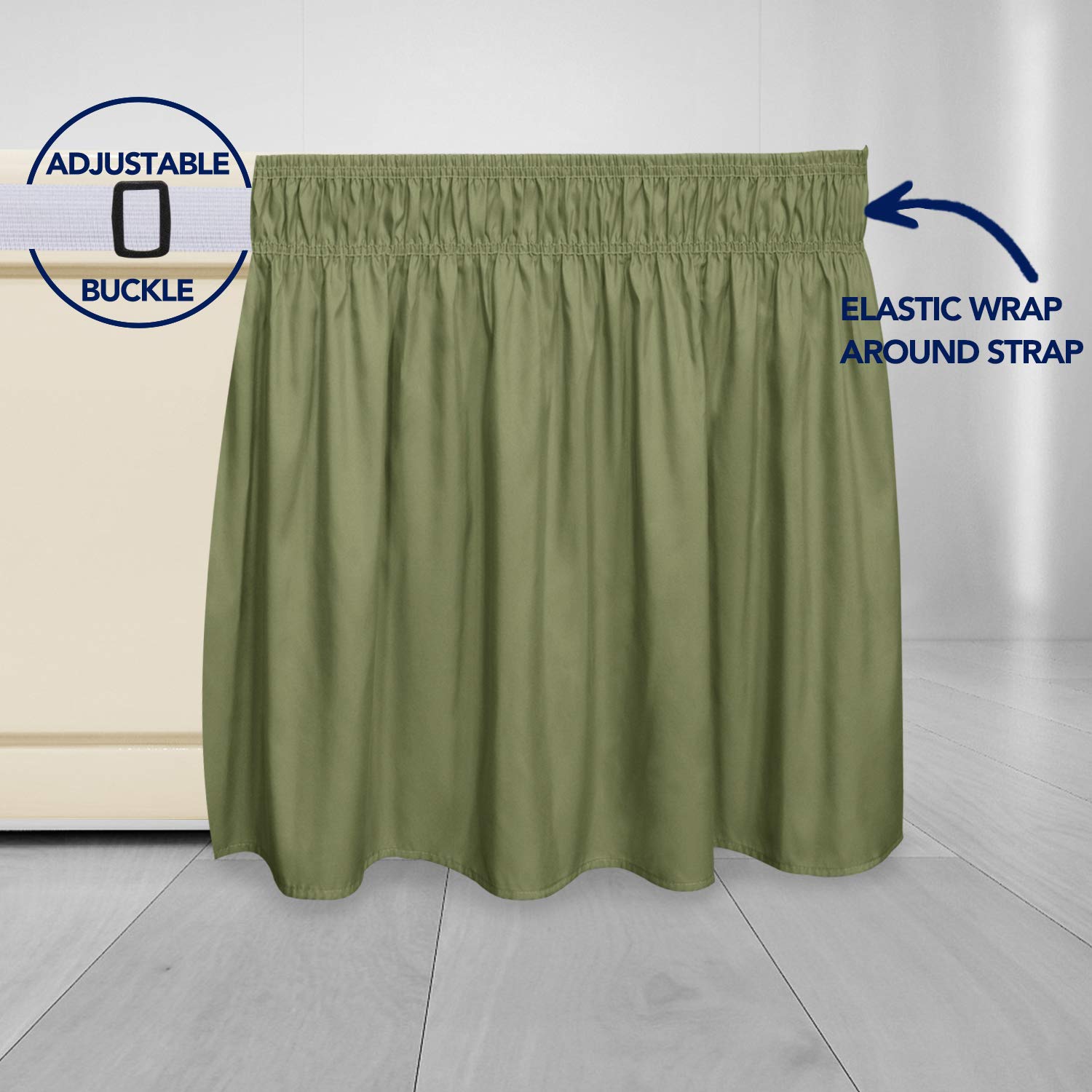 Purefit Wrap Around Ruffled Bed Skirt With Adjustable Elastic Belt - 14 Inch Drop Easy To Put On, Wrinkle Free Bedskirt Dust Ruffles, Bed Frame Cover For Queen, King And C-King Size Beds, Light Green