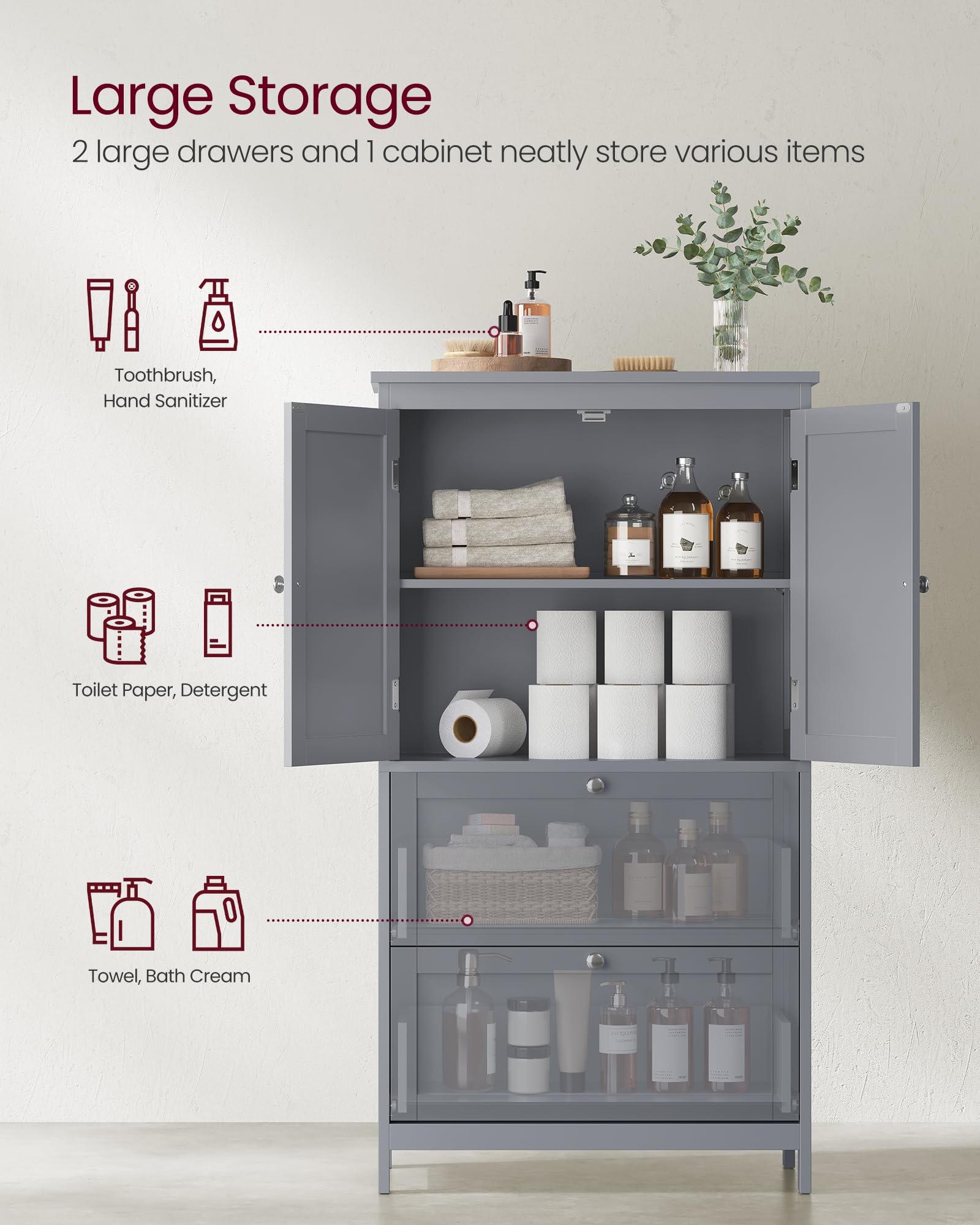 Vasagle Bathroom Floor Storage Cabinet, Bathroom Storage Unit, Freestanding Cabinet With 2 Drawers And 2 Doors, Adjustable Shelf, 11.8 X 23.6 X 43.3 Inches, Dove Gray Ubbc551G02