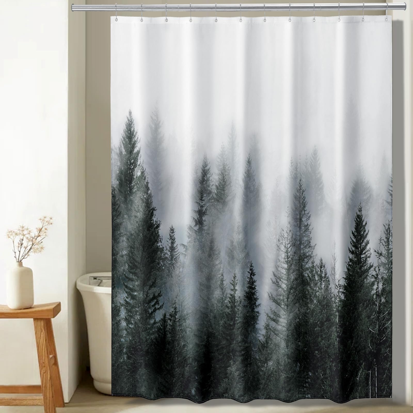 ORTIGIA 78 Inch Dark Green Misty Forest Shower Curtain for Bathroom, Nature Woodland Shower Curtain Set with Hooks, Decorative P
