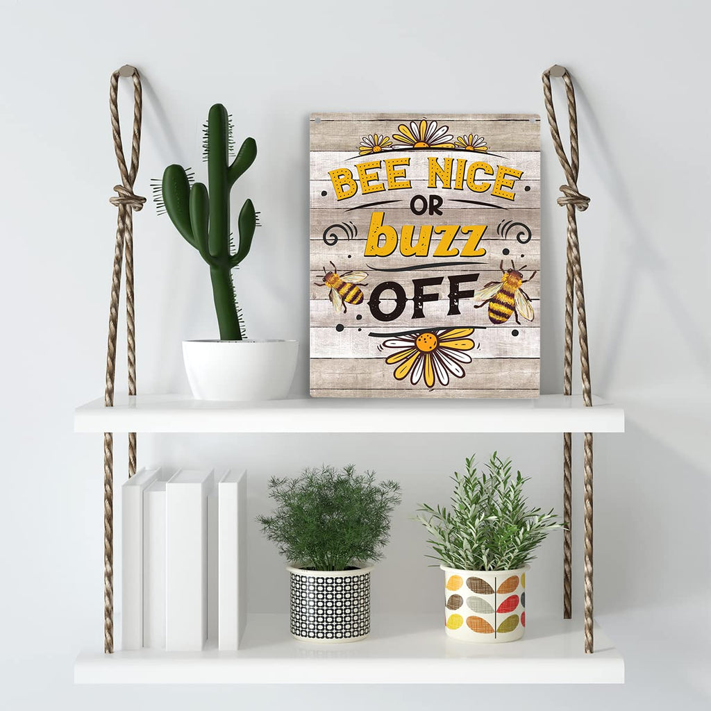 Bee Decor Bee Nice Or Buzz Off Wooden Hanging Sign Bee Kitchen Decor Rustic Farmhouse Decorations For Home Kitchen Sign 10X8 Inc