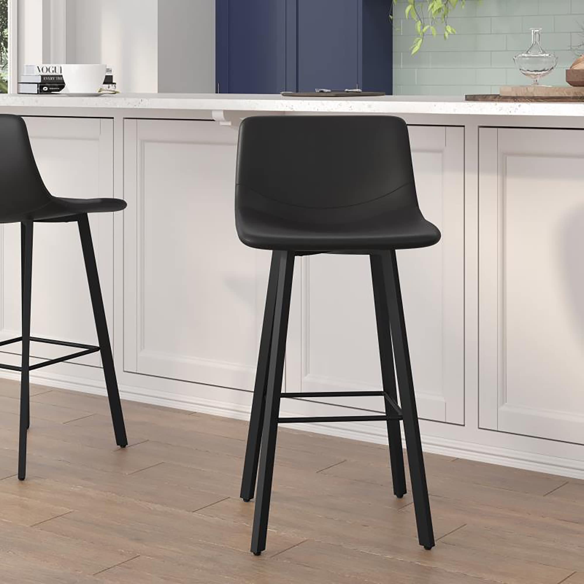 Flash Furniture Caleb Modern Commercial Barstools with Footrests - Black LeatherSoft -30 Inch - Black Matte Iron Frame - Armless - Set of 2