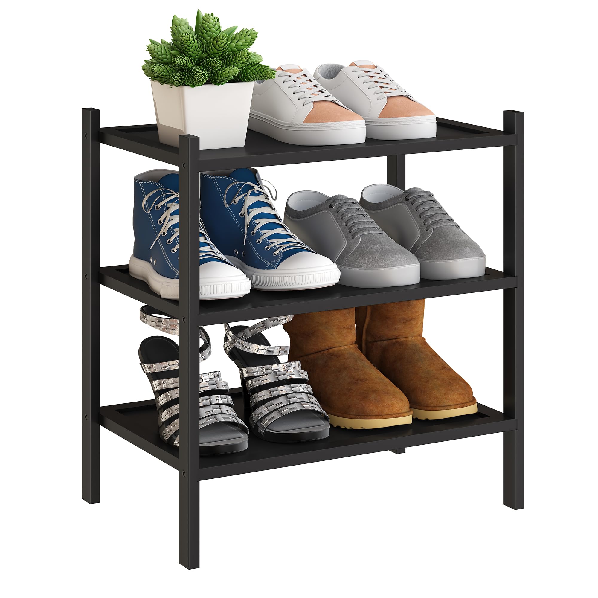 Bmosu 3-Tier Bamboo Small Shoe Rack Premium Stackable Shoe Shelf Storage Organizer For Hallway Closet Living Room Entryway Organizer(Black)