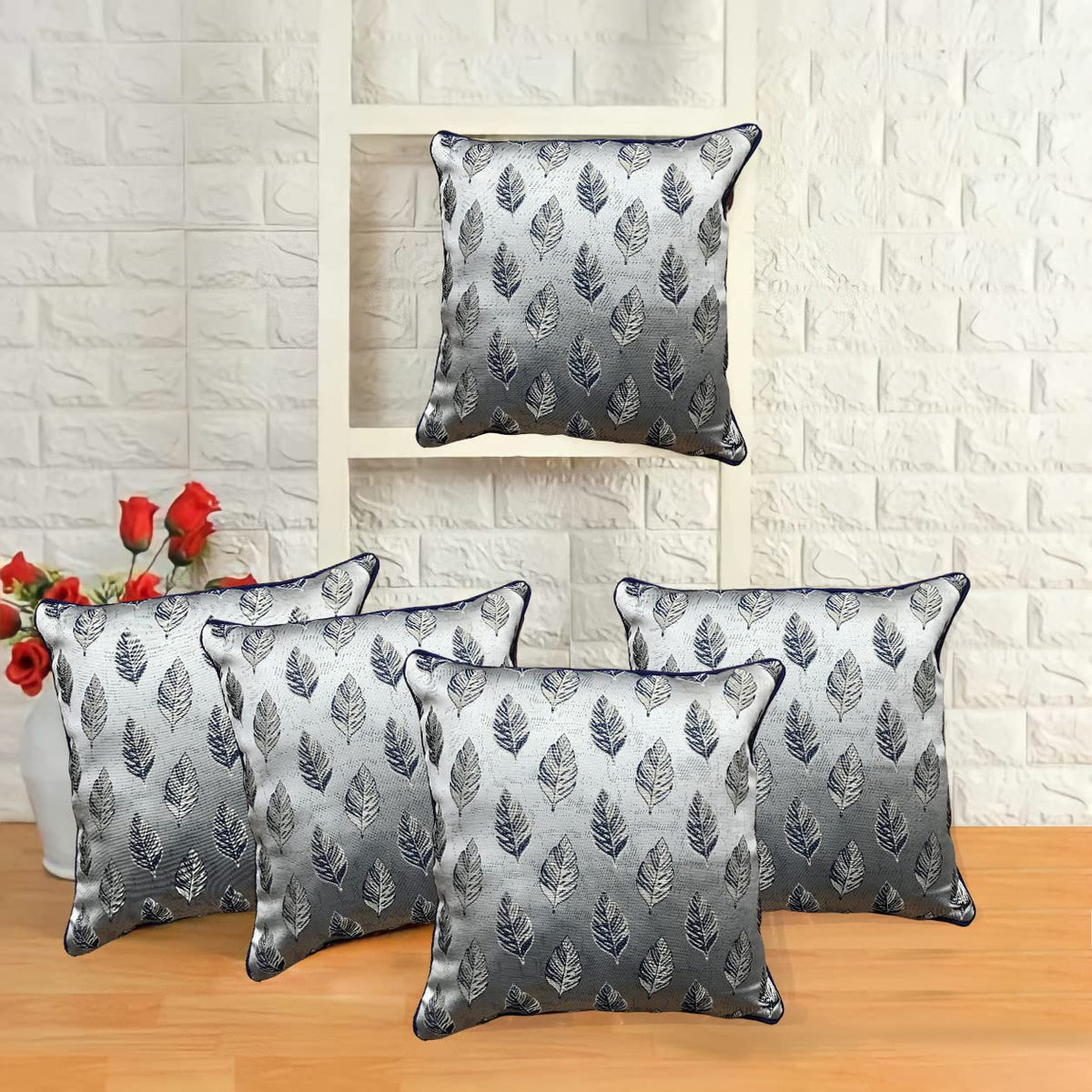Im Fab Costa Jacquard Fabric Decorative Throw Cushion Cover 16X16 Set Of 5 Pcs (Blue)