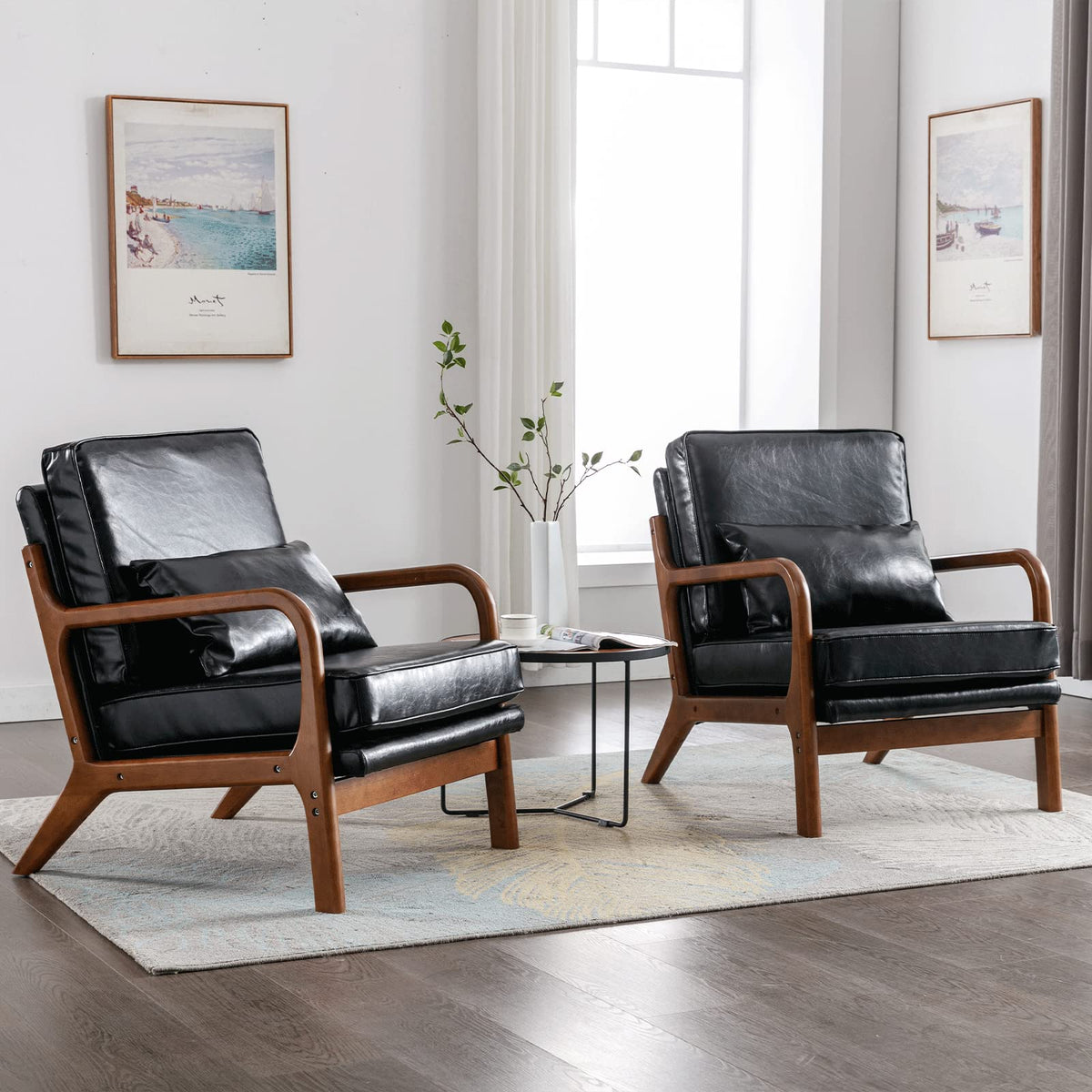 Mid Century Modern Accent Chairs Set Of 2 Living Room- Comfy Wood Arm Chair With Lumber Pillow Lounge Decorative Black Faux Leat