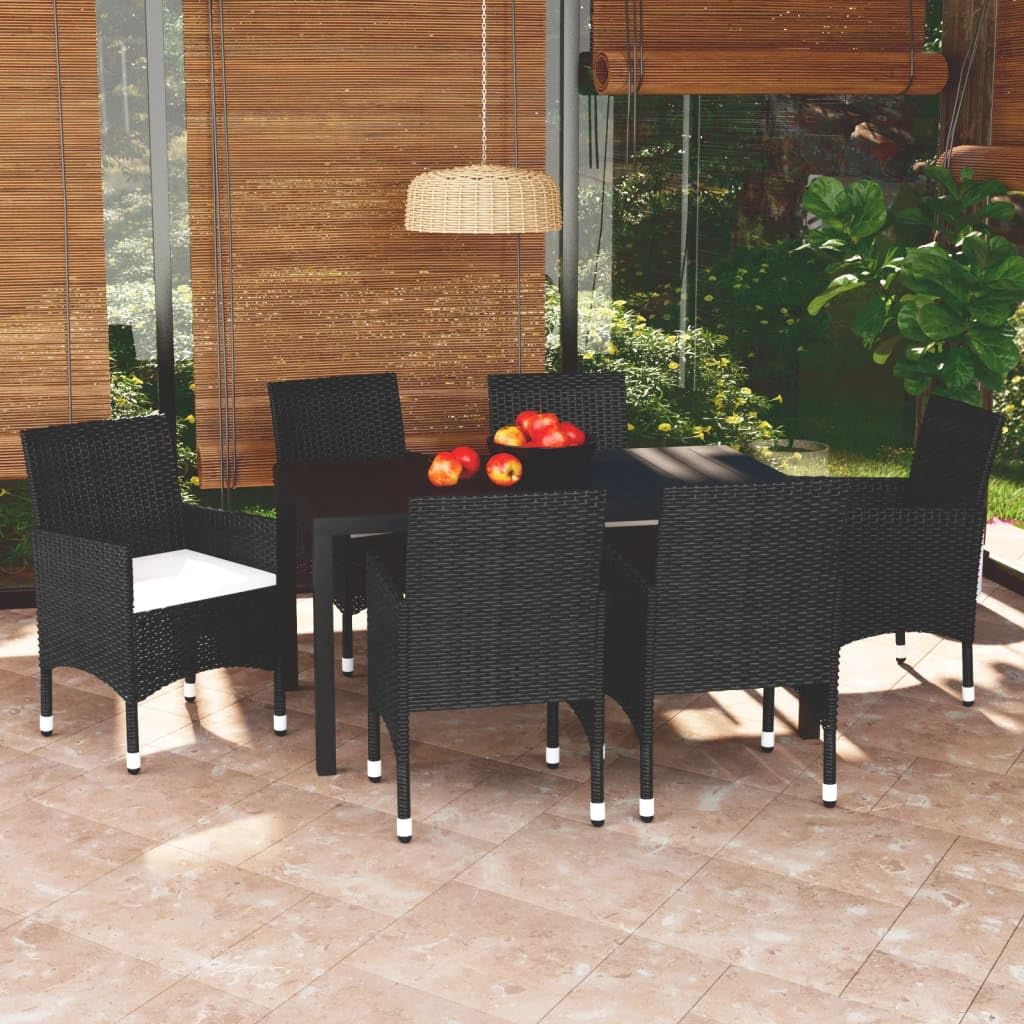 vidaXL Patio Dining Set 7 Piece with Cushions Garden Outdoor Terrace Balcony Dining Table and Chair Seat Seating Furniture Poly Rattan Black