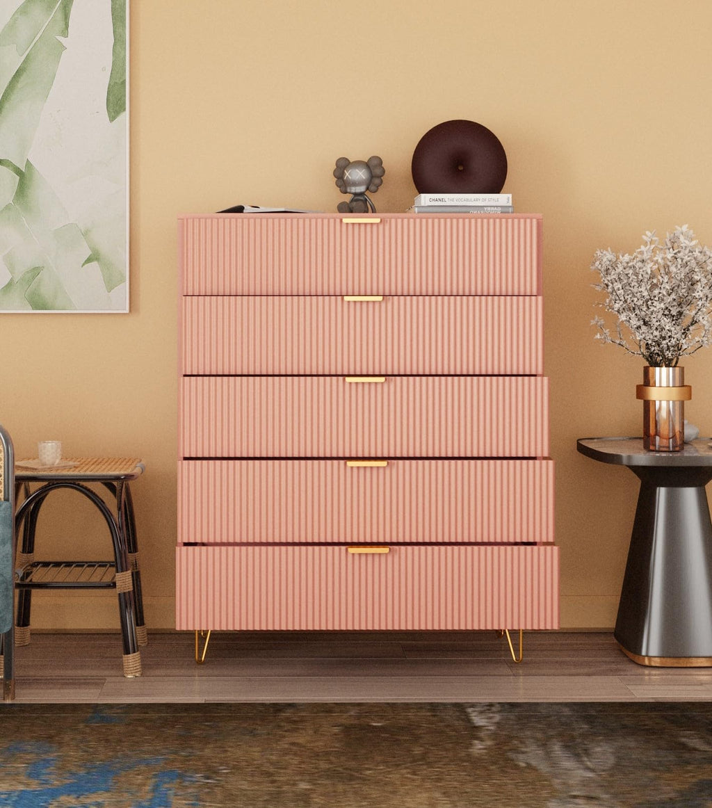 5-Drawer Chest in MDF Wood with Gold Metal Legs and Handles (Pink)