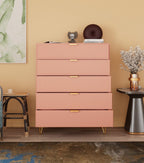5-Drawer Chest in MDF Wood with Gold Metal Legs and Handles (Pink)