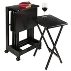 Ergode Wood Brienda 5-Piece Snack Table Set - Foldable Snack Tables with Storage Rack and Serving Cart, Solid Wood, Deep Coffee Finish, Mobile with Locking Wheels, Perfect for Home Entertainment