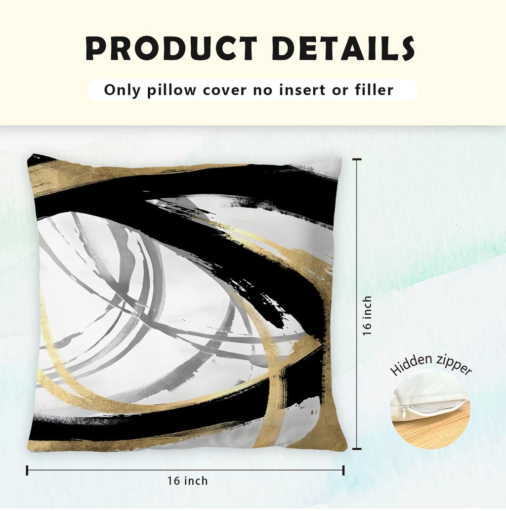 Supwhd Black White And Gold Pillow Covers, Abstract Black And Gold Pillow Covers 16X16 Set Of 2, Modern Boho Home Decor, Black A