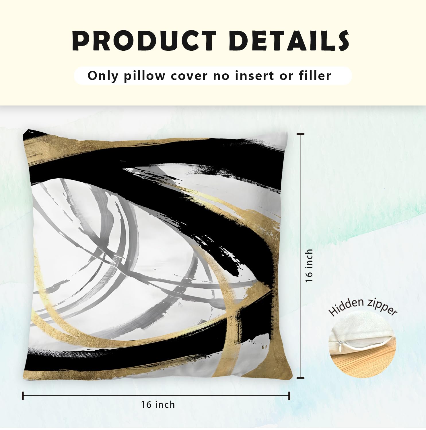 Supwhd Black White And Gold Pillow Covers, Abstract Black And Gold Pillow Covers 16X16 Set Of 2, Modern Boho Home Decor, Black A