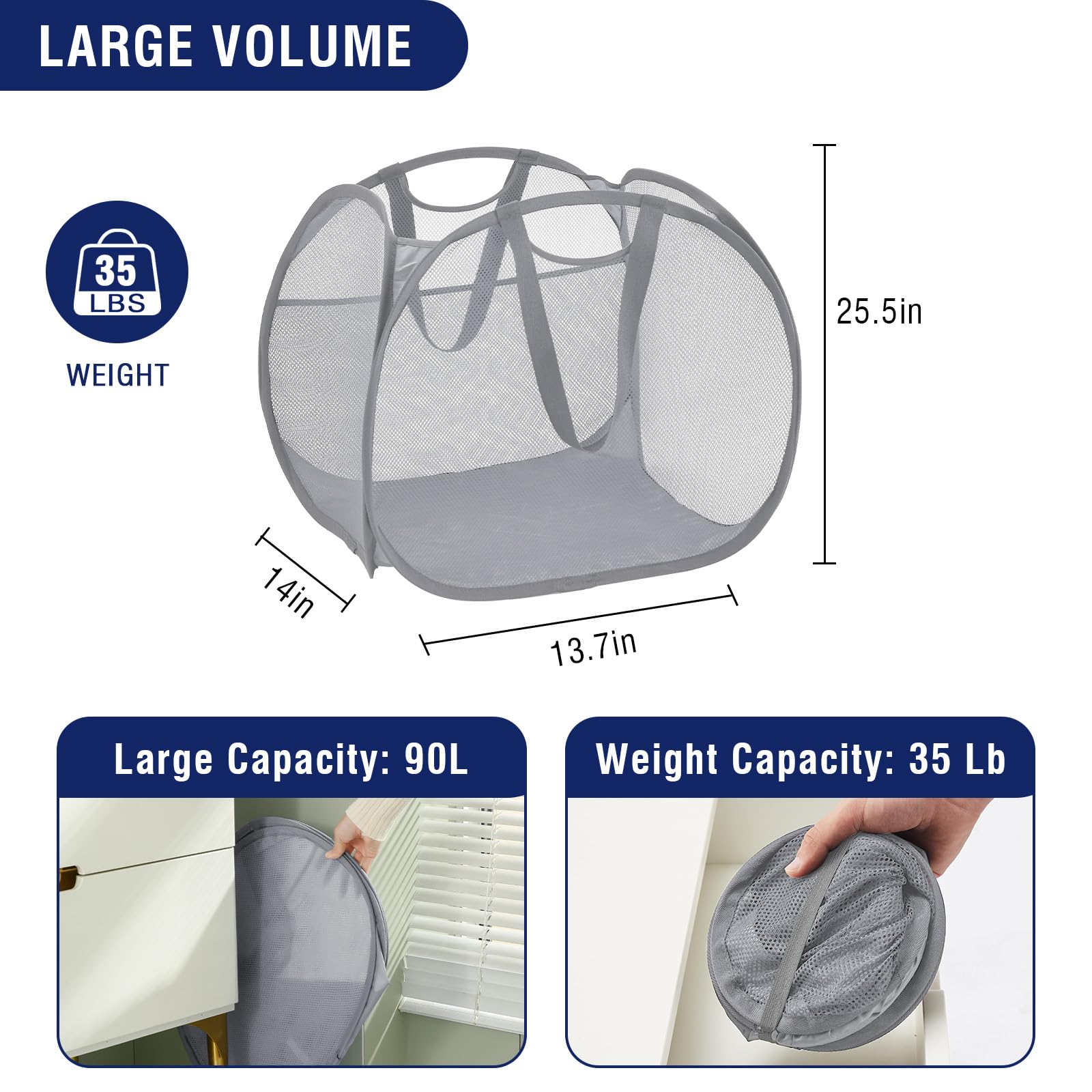 Techmilly Mesh Pop Up Foldable Laundry Hamper With Strong Handles, Large Opening Clothes Hamper With Side Pockets, Storage Baske