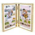 Golden State Art, Light Gold 5x7 Hinged Double Frame - Floating Frame for 4 x 6 or Smaller Photos - Metal Frame and Real Glass, 