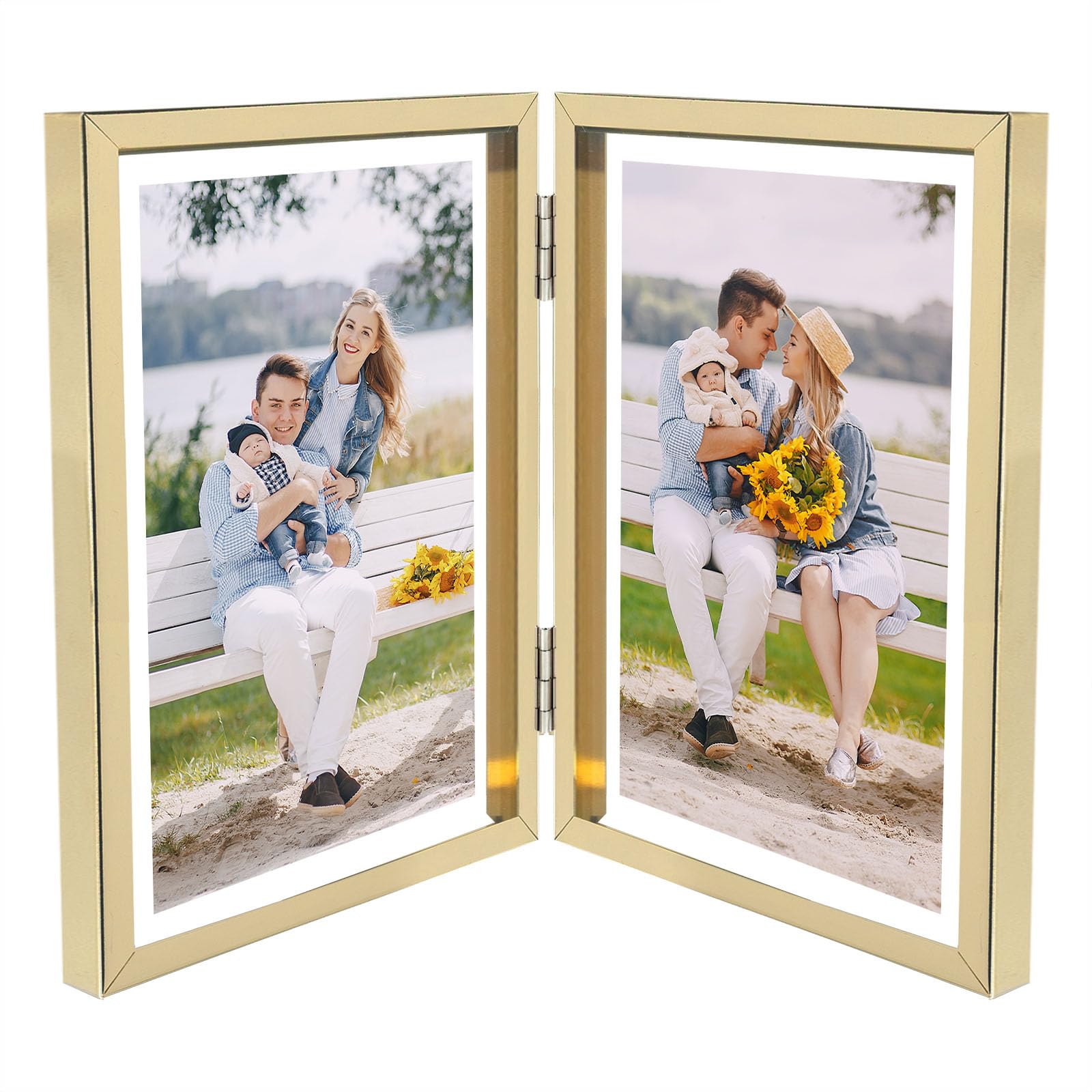 Golden State Art, Light Gold 5x7 Hinged Double Frame - Floating Frame for 4 x 6 or Smaller Photos - Metal Frame and Real Glass, 