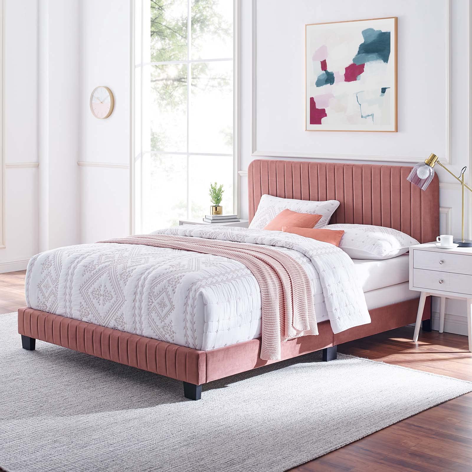 Modway Celine Channel Tufted Performance Velvet Bed, King, Dusty Rose